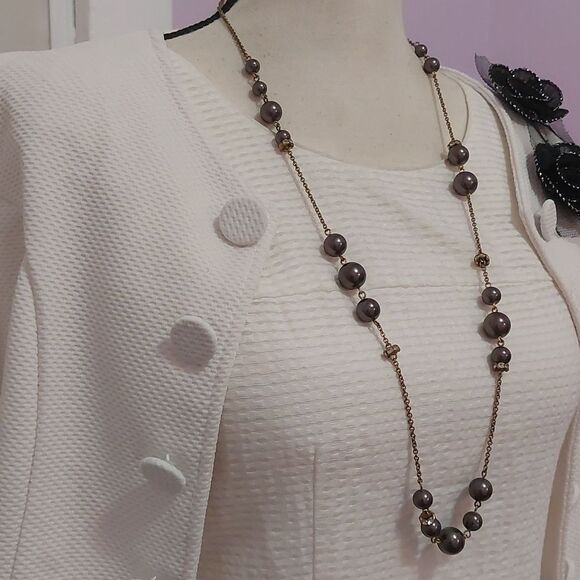 J.Crew Brown Faux Pearls and Gold Tone Asymmetrical Station Necklace - Picture 3 of 7